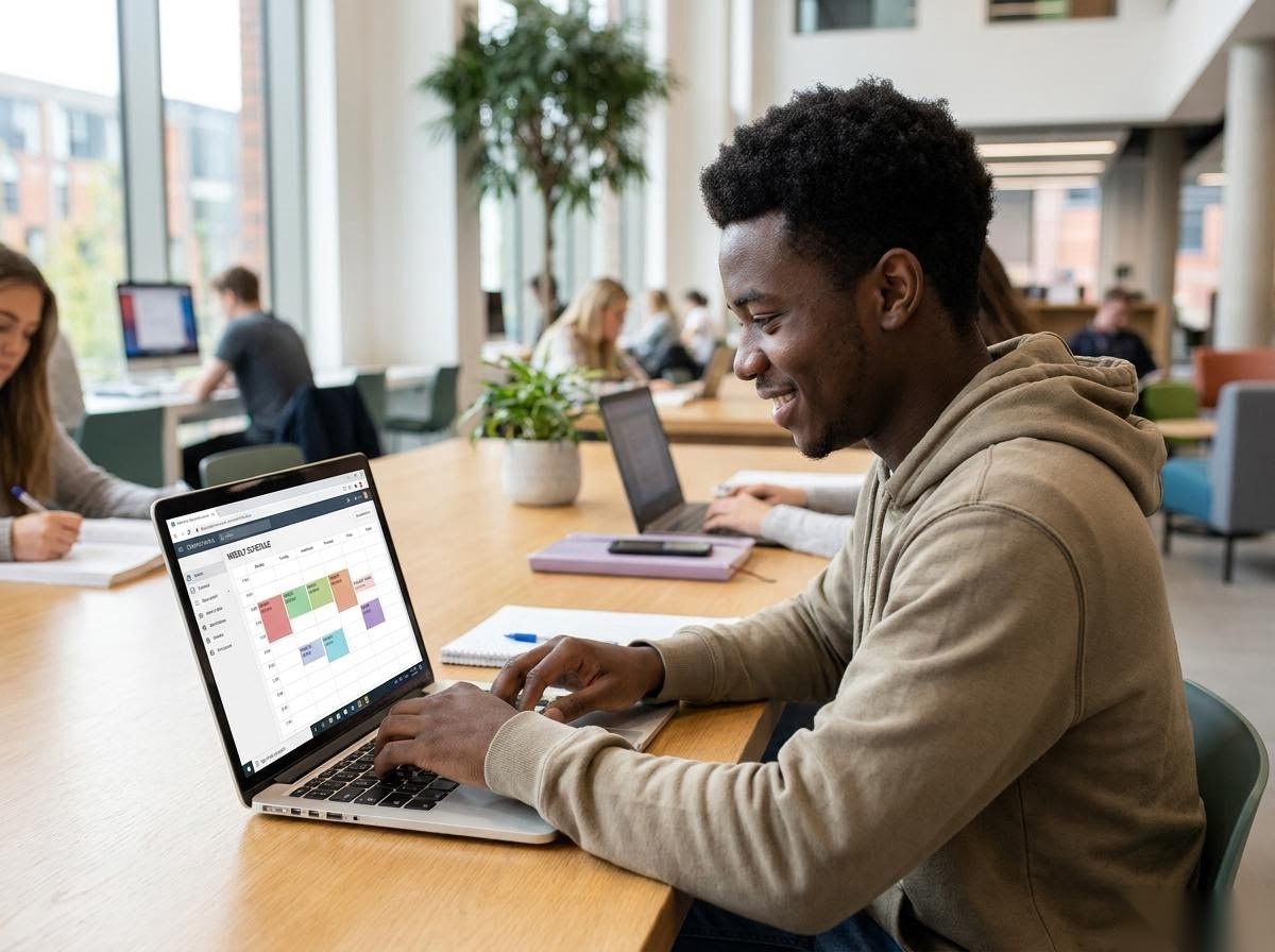 Photo réaliste d'un étudiant consultant son emploi du temps sur ordinateur portable
