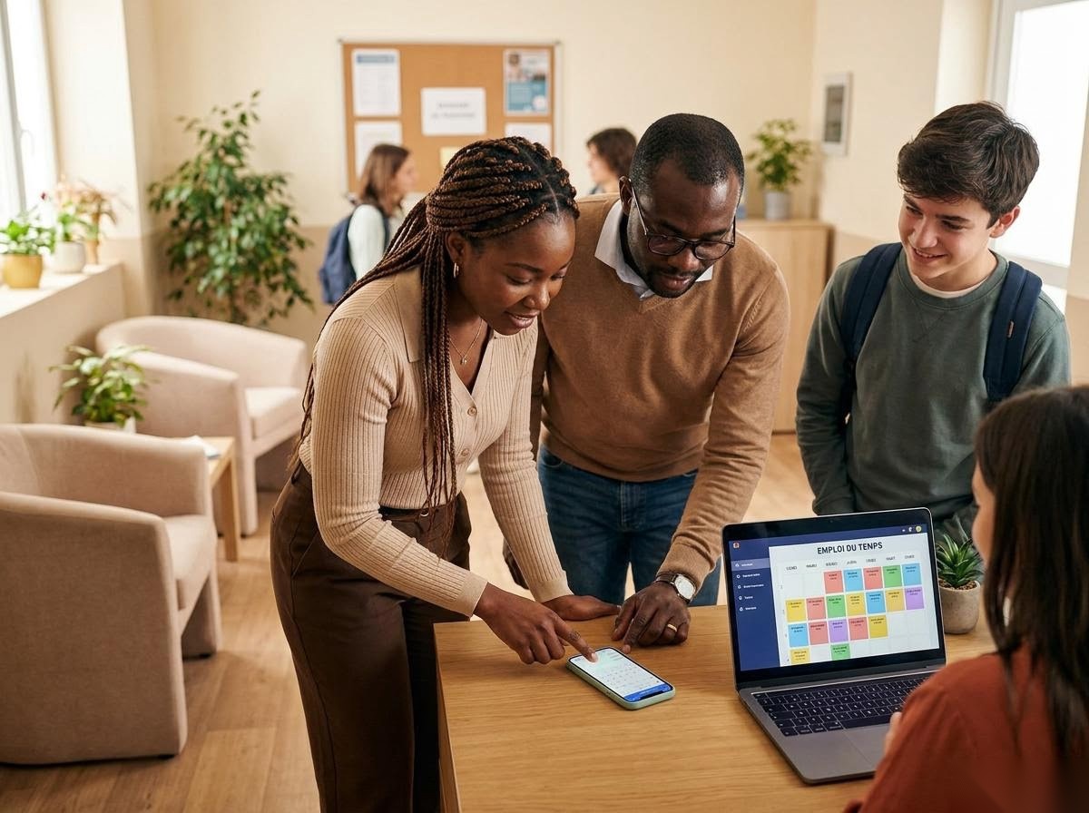 Photo réaliste de parents consultant l'emploi du temps de leurs enfants